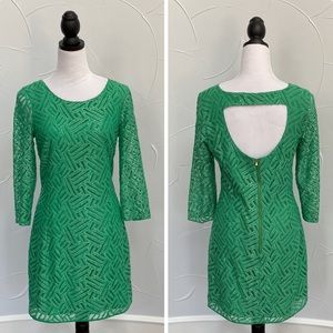 87. Lilly Pulitzer Camellia Bamboo Geo Lace Dress Fern Green/Silver Accent Sz 8